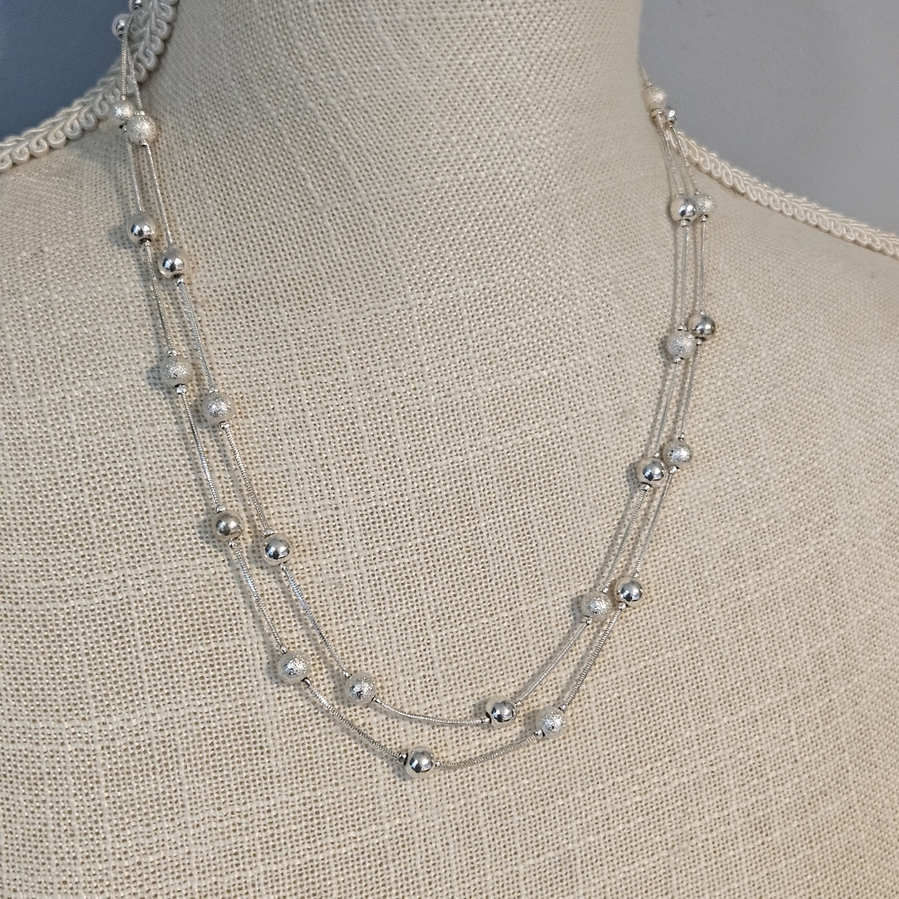 Long Silver Beaded Station Necklace
